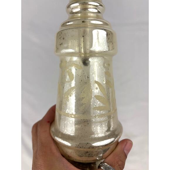 Antique Victorian Silver Hand Blown Mercury Glass Vase Floral Design 9" Tall - Picture 13 of 16